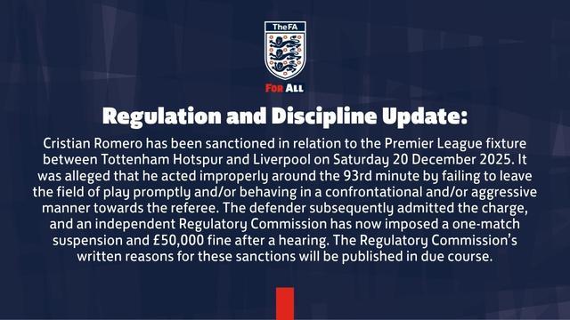 开云体育网址-官方：热刺后卫罗梅罗遭追加停赛1场+罚款5万镑，无缘足总杯对维拉